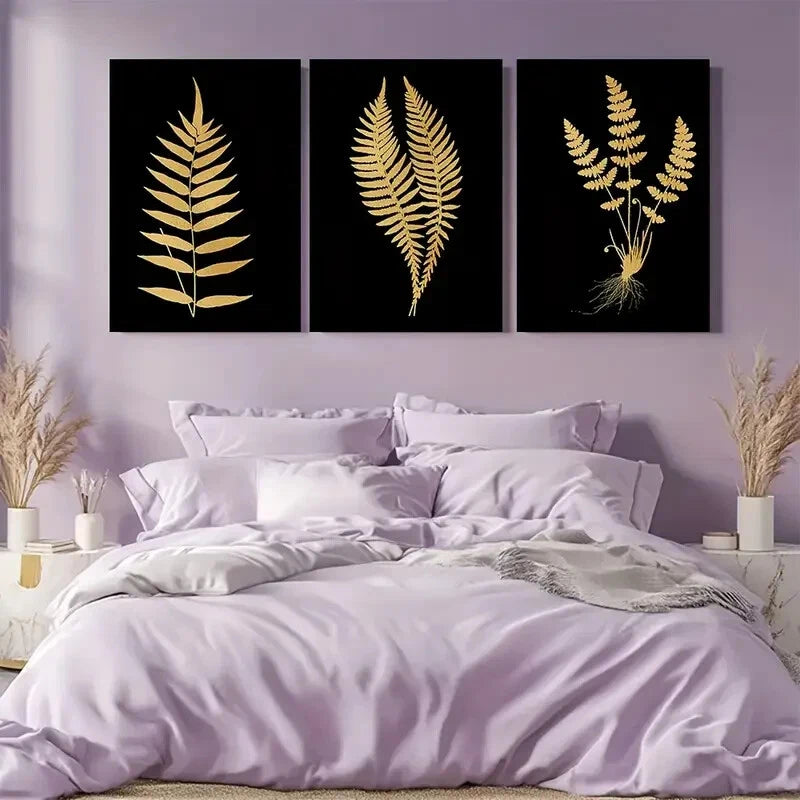3pcs Elegant Golden Fern Botanical Prints Metal Print Ready to Hang Art