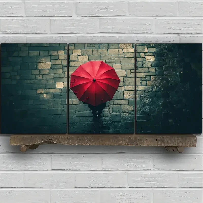 3pcs People With Red Umbrellas on Rainy Streets Metal Print Ready to Hang Art