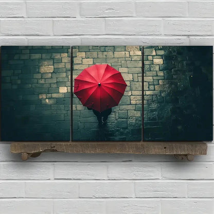 3pcs People With Red Umbrellas on Rainy Streets Metal Print Ready to Hang Art