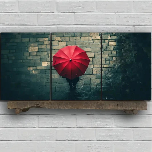 3pcs People With Red Umbrellas on Rainy Streets Metal Print Ready to Hang Art