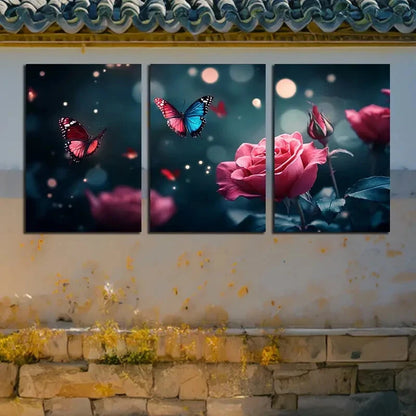 3pcs Butterfly and Rose Vibrant Nature Theme Metal Print Ready to Hang Art
