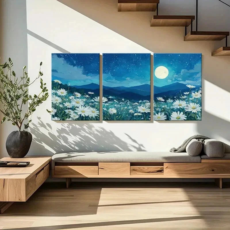 3pcs White Daisies, Starry Sky Mountain Silhouette Metal Print Ready to Hang Art