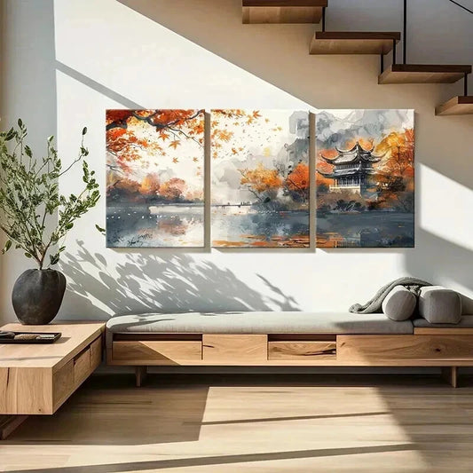 3pcs Autumn Scenery with Pagoda & Mountain River Wall Art Set Canvas Framed 40x60cm - High Quality Print 100% Australian Made Wall Canvas Ready to Hang