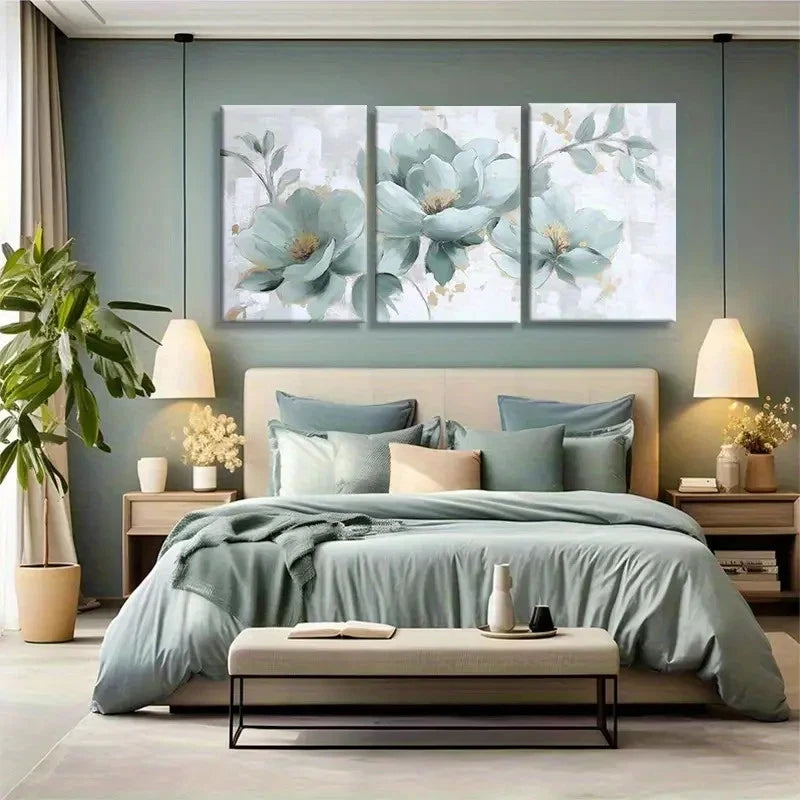 3pcs Green and White Flowers with Golden Accents Metal Print Ready to Hang Art