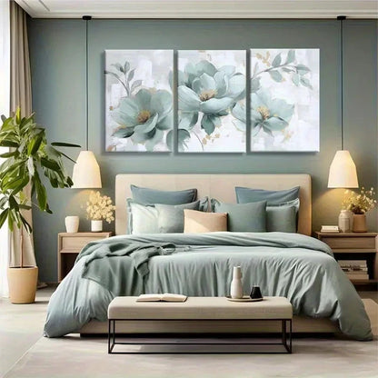 3pcs Green and White Flowers with Golden Accents Metal Print Ready to Hang Art