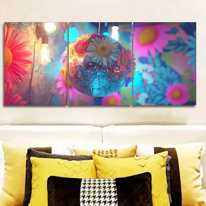 3pcs Vibrant Disco Ball & Floral Wall Art Set Canvas Unframed - High Quality Print 100% Australian Made Wall Canvas - Bella Home Decor