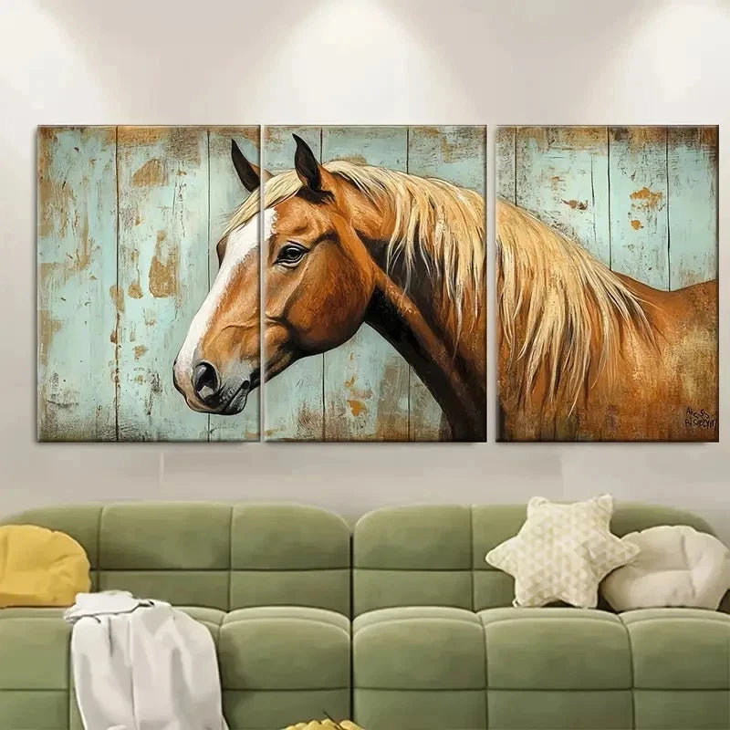 3pcs Horse Painting Farm Animals RT Wall Art Set Canvas Framed 60x90cm - High Quality Print 100% Australian Made Wall Canvas Ready to Hang