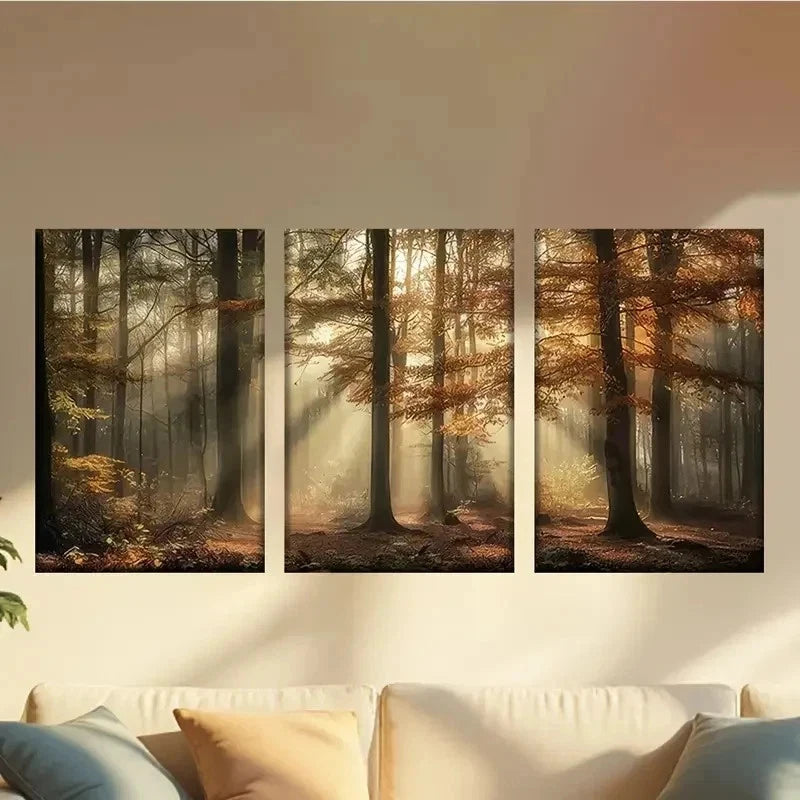3pcs Quiet Foggy Forest in Autumn Wall Art Set Canvas Framed 40x60cm - High Quality Print 100% Australian Made Wall Canvas Ready to Hang