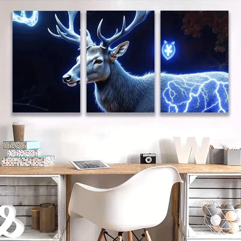 3pcs Blue Deer Mystical Canvas Poster Wall Art Set Canvas Framed 50x70cm - High Quality Print 100% Australian Made Wall Canvas Ready to Hang