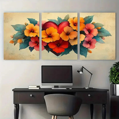 3pcs Vibrant Floral Heart Romantic Botanical Metal Print Ready to Hang Art