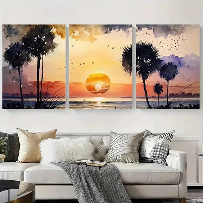 3pcs Vibrant Tropical Palm Silhouette Wall Art Set Canvas Framed 40x60cm - High Quality Print 100% Australian Made Wall Canvas Ready to Hang