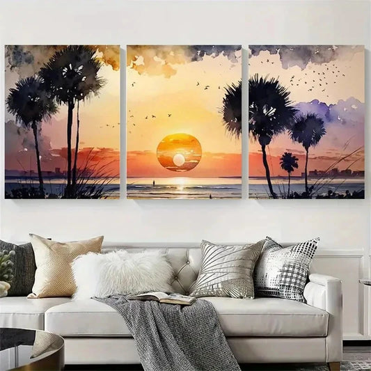 3pcs Vibrant Tropical Palm Silhouette Wall Art Set Canvas Framed 40x60cm - High Quality Print 100% Australian Made Wall Canvas Ready to Hang