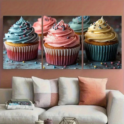 3pcs Vibrant Cupcake Food Bakery Metal Print Ready to Hang Art