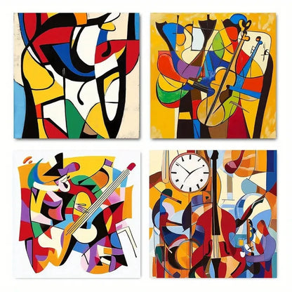 4pcs  Vibrant Geometric Shapes & Musical Instrume Wall Art Canvas Framed