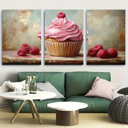 3pcs Pink Cupcake Sweet Treats Kitchen Metal Print Ready to Hang Art