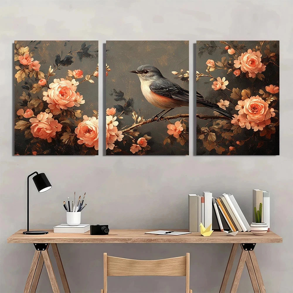 3pcs Exquisite Charming Bird Flowers Wall Art Set Canvas Framed 40x60cm - High Quality Print 100% Australian Made Wall Canvas Ready to Hang