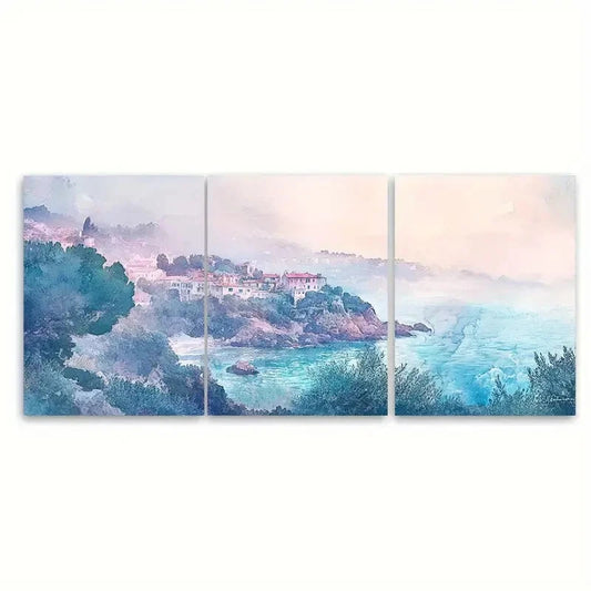 3pcs French Riviera in Morning Mist Coastal Metal Print Ready to Hang Art