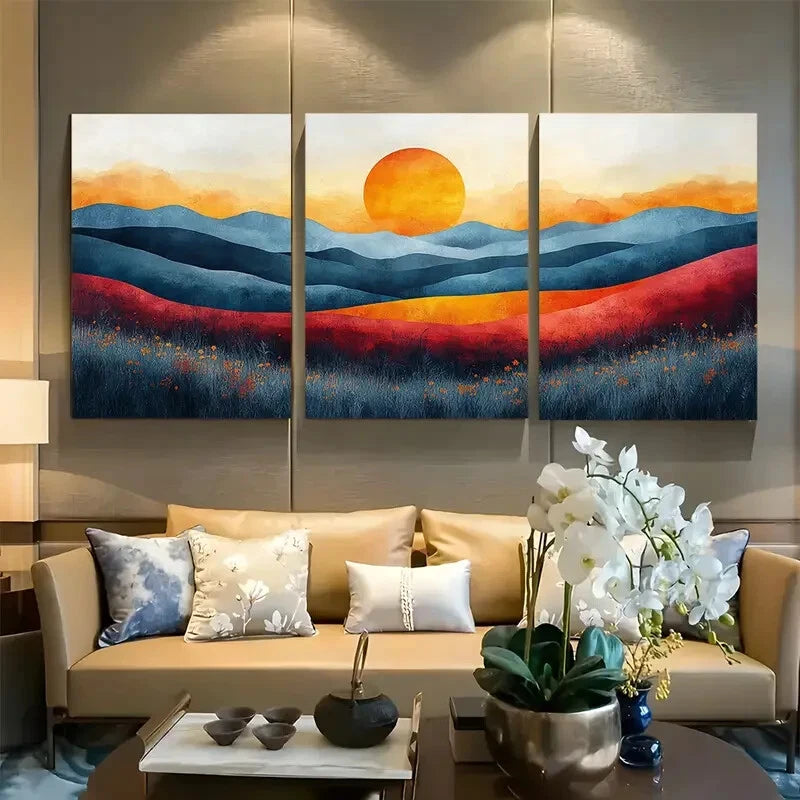 3pcs Vibrant Sunset Hills with Blue Orange and Red Metal Print Ready to Hang Art