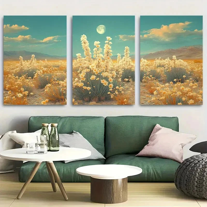 3pcs White Yucca Flowers Moon Over Desert Metal Print Ready to Hang Art