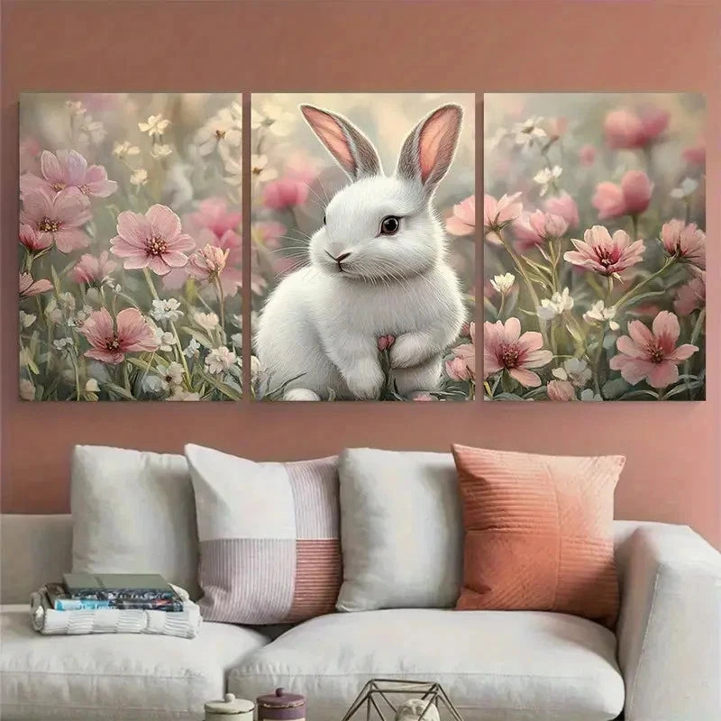 3pcs Charming White Bunny Spring Floral Design Metal Print Ready to Hang Art