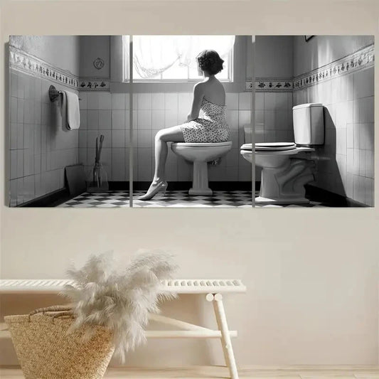 3pcs Black and White Funny Woman Bathroom Metal Print Ready to Hang Art