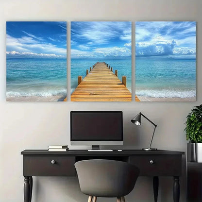 3pcs Beach Pier Blue Skies Design Metal Print Ready to Hang Art