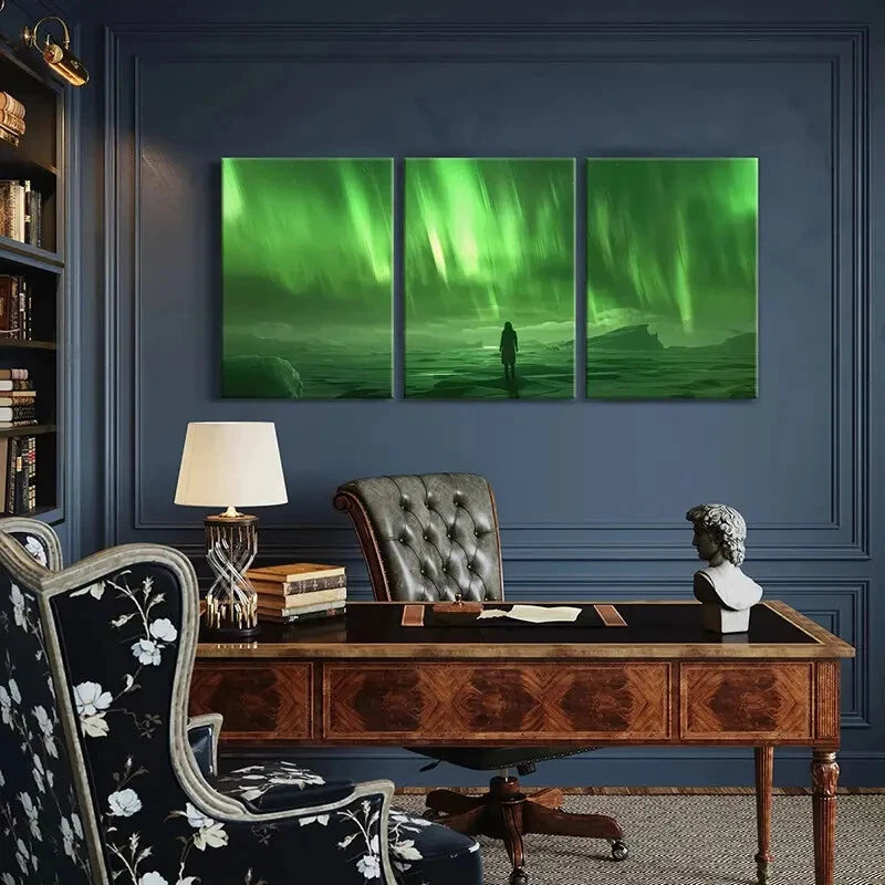 3pcs Aurora Borealis Landscape Silhouette Figure Metal Print Ready to Hang Art