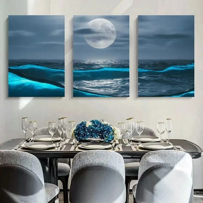 3pcs Moonlit Ocean Waves Full Moon Metal Print Ready to Hang Art