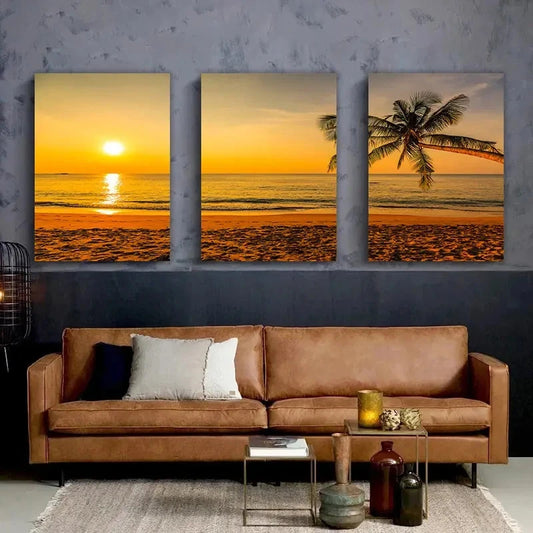 3pcs Tropical Palm Sunset Beach Landscape Metal Print Ready to Hang Art