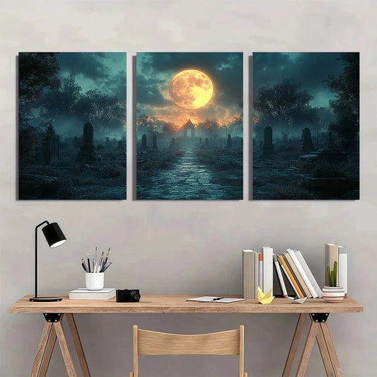 3pcs Halloween Cemetery at Night Metal Print Ready to Hang Art