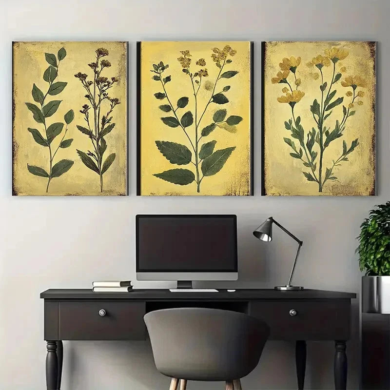 3pcs Les fleurs Abstract Vintage Botanical Wall Art Set Canvas Framed 60x90cm - High Quality Print 100% Australian Made Wall Canvas Ready to Hang
