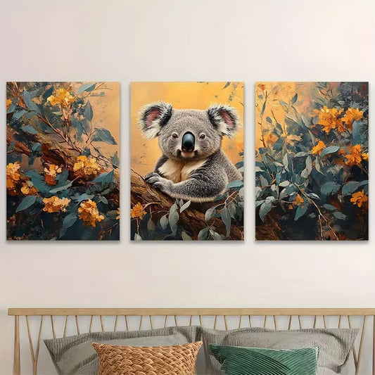 3pcs Koala in Eucalyptus Tree Metal Print Ready to Hang Art