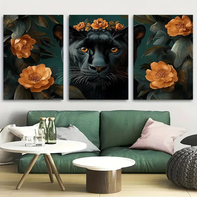 3pcs Elegant Black Panther with Floral Crown Metal Print Ready to Hang Art