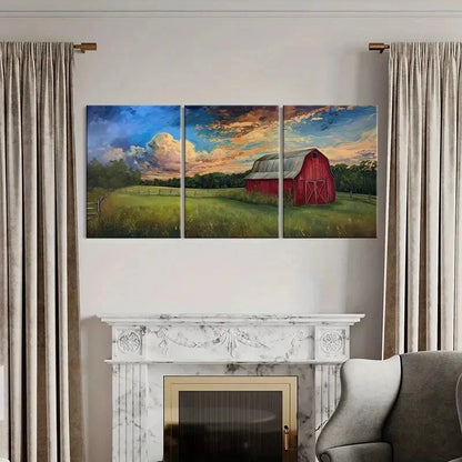 3pcs Red Barn Pastoral Landscape Vibrant Sky Metal Print Ready to Hang Art