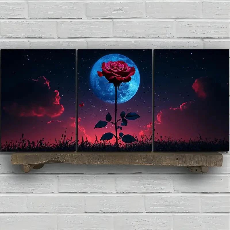 3pcs Red Rose under Moonlight Metal Print Ready to Hang Art