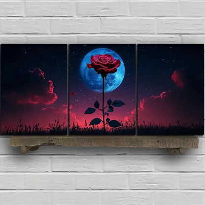 3pcs Red Rose under Moonlight Metal Print Ready to Hang Art