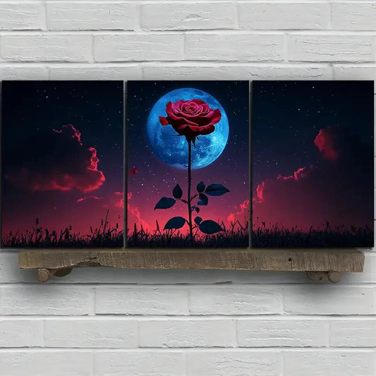 3pcs Red Rose under Moonlight Metal Print Ready to Hang Art