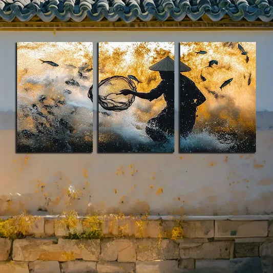 3pcs Fishermen on the sea surface Illustration Metal Print Ready to Hang Art