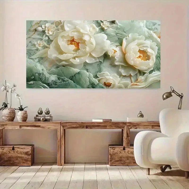 White Peony Green Leaves wall canvas office home room framed 120x60cm - Bella Home Decor