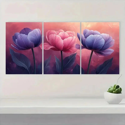 3pcs Pink & Purple Flowers with Green Leaves Metal Print Ready to Hang Art