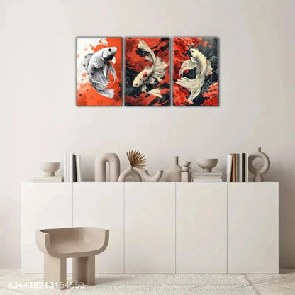3pcs Vibrant Koi Fish Design with Bold Orange Metal Print Ready to Hang Art