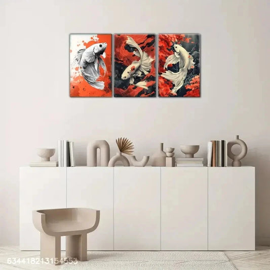 3pcs Vibrant Koi Fish Design with Bold Orange Metal Print Ready to Hang Art