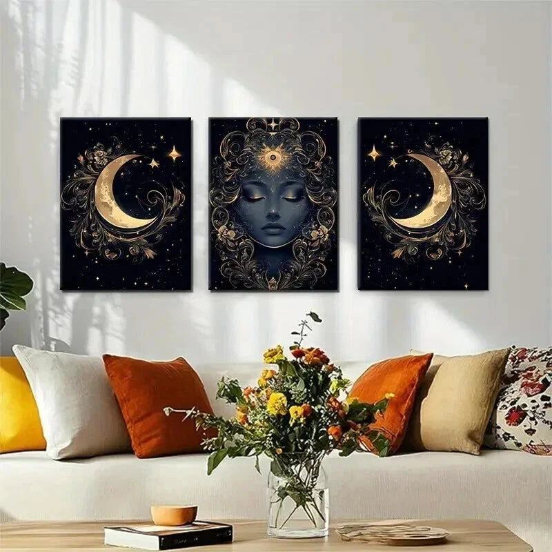 3pcs Mystical Moon Goddess Golden Lunar Perfect Wall Art Set Canvas Framed 50x70cm - High Quality Print 100% Australian Made Wall Canvas Ready to Hang