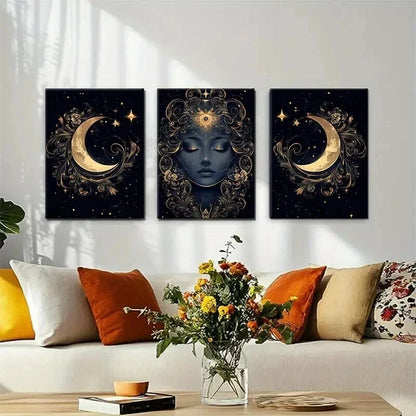 3pcs Mystical Moon Goddess Golden Lunar Perfect Wall Art Set Canvas Framed 50x70cm - High Quality Print 100% Australian Made Wall Canvas Ready to Hang