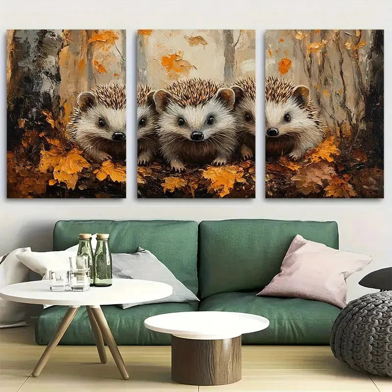 3pcs Hedgehog Family Cozy Forest Metal Print Ready to Hang Art