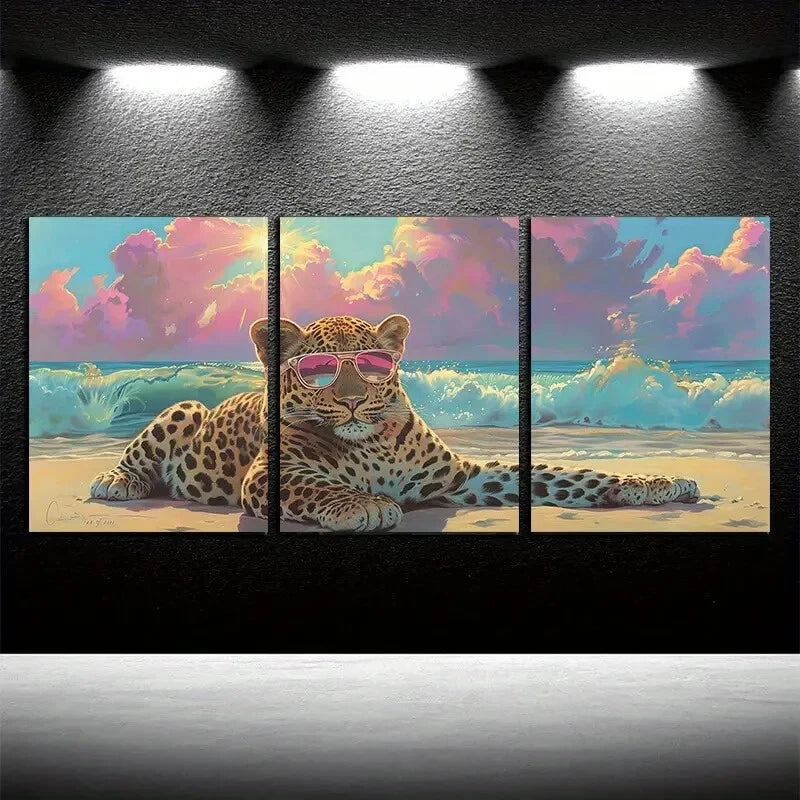3pcs Modern Cartoon Leopard with Sunglasses Metal Print Ready to Hang Art