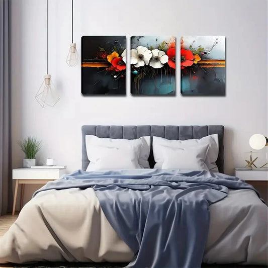 3pcs Modern Abstract Red White Flowers Perfect Wall Art Set Canvas Framed 40x60cm - High Quality Print 100% Australian Made Wall Canvas Ready to Hang