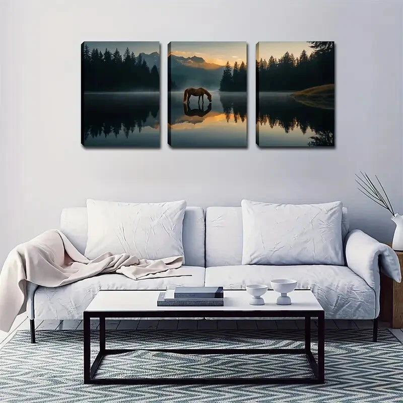 3pcs Majestic Horse In Forest And Lake Perfect Wall Art Set Canvas Framed 40x60cm - High Quality Print 100% Australian Made Wall Canvas Ready to Hang