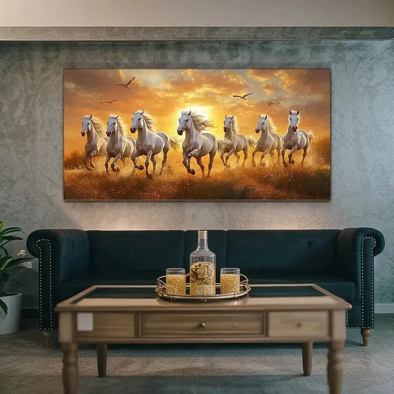 White Horses Golden Sunset wall canvas office home room framed 120x60cm