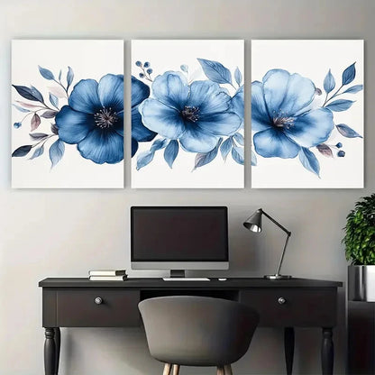 3pcs Elegant Blue Floral Watercolor Design Metal Print Ready to Hang Art